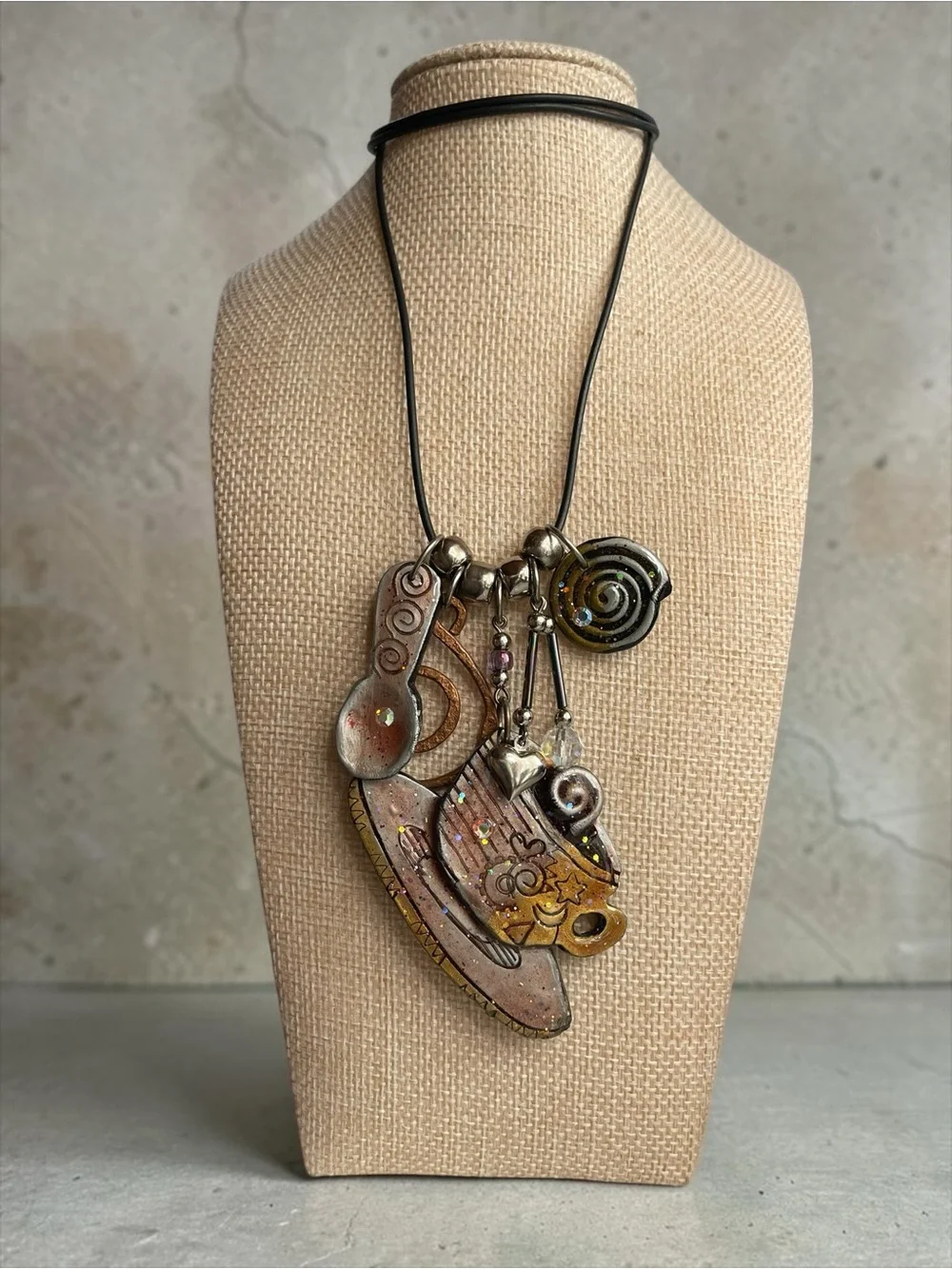 Signed Nanette Mixed Media Sculptural Art Pendants on Leather Cord Necklace